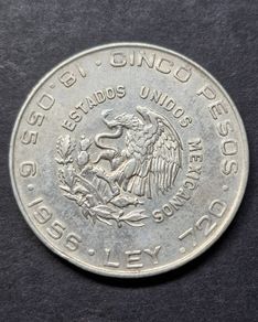 1956 Mexico Hidalgo Silver 5 Pesos coin