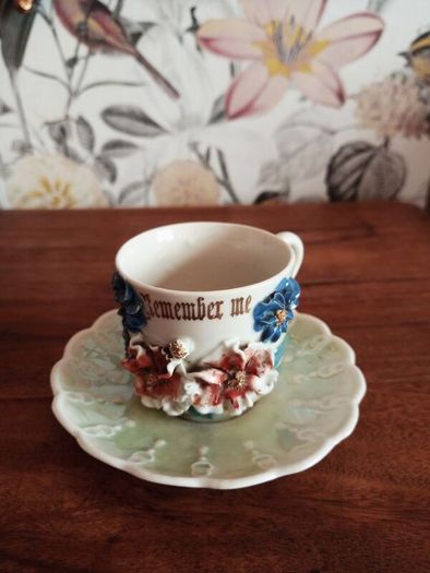 Victorian Remember Me Ceramic Tea cup and saucer.