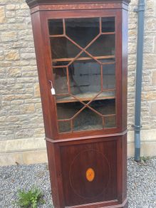 Antique inlaid corner display cabinet.