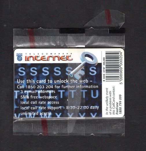 1997 Ireland 20 unit Unlock the Internet (ODS2) Call Card Mint in Packaging. Telecom Eireann card number 1198.