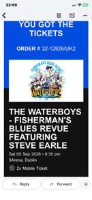 2 x tickets for the Waterboys for sale
