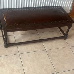 Rare antique low shoe changing bench. With celtic design embossed in the  leather