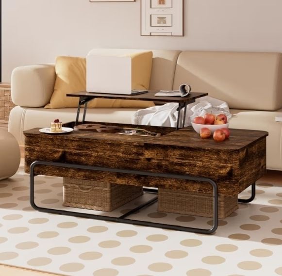 3-Partition Industrial Tables, Pull-Out Drawer, Stable Metal Frame & Hidden Storage, Centre Table for Living Room, Small Space, Home Office