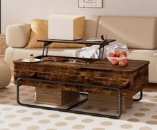 3-Partition Industrial Tables, Pull-Out Drawer, Stable Metal Frame & Hidden Storage, Centre Table for Living Room, Small Space, Home Office