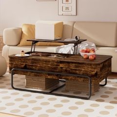3-Partition Industrial Tables, Pull-Out Drawer, Stable Metal Frame & Hidden Storage, Centre Table for Living Room, Small Space, Home Office