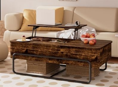 3-Partition Industrial Tables, Pull-Out Drawer, Stable Metal Frame & Hidden Storage, Centre Table for Living Room, Small Space, Home Office