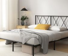Double Metal Bed Frame with Headboard 135 x 190 cm Steel Slat Support, Easy Assembly Black