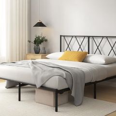 Double Metal Bed Frame with Headboard 135 x 190 cm Steel Slat Support, Easy Assembly Black