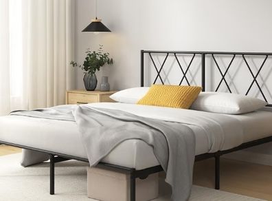 Double Metal Bed Frame with Headboard 135 x 190 cm Steel Slat Support, Easy Assembly Black