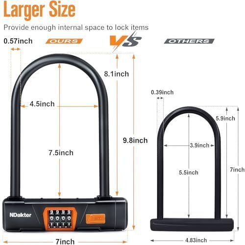 Combo Bike d Lock, Heavy Duty Combination d Locks for Bicycles with 5Ft Steel Cable, 14.6mm Shackle High Security Bike Lock, Large Bike U Lock for Ebike, Electric Bike, Scooter, Motorcycle