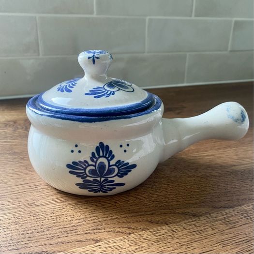 Vintage Blue White Ceramic Soup Crock Bowl