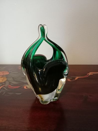 Vintage Green Art Glass Basket Vase by Josef Hospodka. Chribska Glassworks.