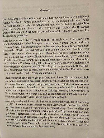Von Dillenburg Na H Texas By  Ursula Hatzfeld. Die Auswanderung Im Amt Dillenburg Von 1845 Bis 1846. First Edition Hardback In Good Condition.  See Photos For Same.
