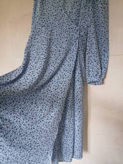 full length monkl blue summer dress with long sleeves.