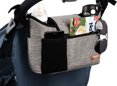 Buggy Pram Bag Organiser, 11L Large Capacity for Baby Accessories with 2 Deep Cup Holders & Shoulder Strap Used as Carry-On Handbag-Universal Fit All Buggy Models (Grey)