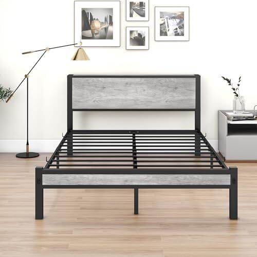 Metal King Size Bed Frame with Storage Wooden Headboard