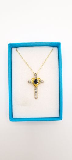 Vintage 18kt Gold On Sterling Silver Black Spinel Cross Necklace