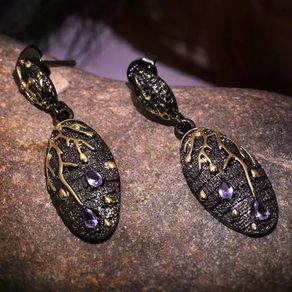 Beautiful Branch Earrings by R'Laith  Purple Zircon Stud Flower Plum Tree Branch Blossom Hoop
