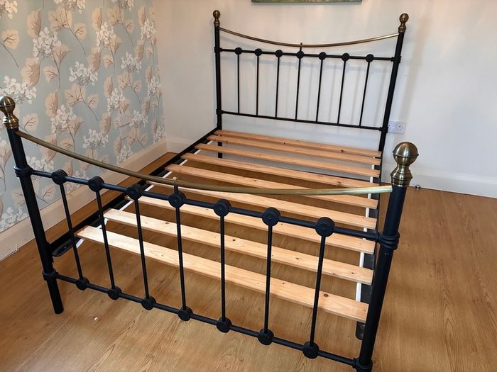 Black metal and brass double bed frame c/w mattress