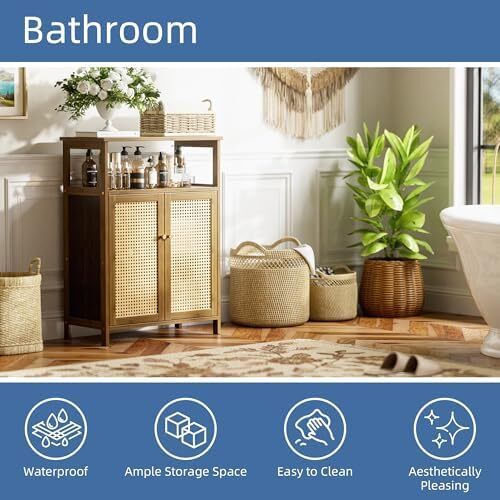 Rattan Bathroom Floor Cabinet, Bamboo Storage Cupboard with 2 Doors, Freestanding Living Room Sideboard, Space Saving Entryway Storage Unit, Walnut