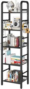 Bookshelf, Bookcase, 5-Tier Storage Shelf, Metal Shelving Unit, 8Pcs S Hooks, Modern Style, 36 x 27 x 146 cm, Corner Shelf, Display Units for Living Room, Bedroom, Office, Black