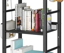Bookshelf, Bookcase, 5-Tier Storage Shelf, Metal Shelving Unit, 8Pcs S Hooks, Modern Style, 36 x 27 x 146 cm, Corner Shelf, Display Units for Living Room, Bedroom, Office, Black