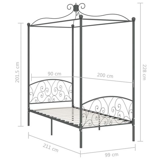 Canopy Bed Frame Grey Metal 90x200 cm