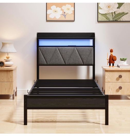 Single Bed Frame with 3ft Upholstered Wooden Storage Headboard, Grey Single Bed Frame with LED Lights & USB Charging, 90x190cm Two-shelf Storage Headboard, Heavy Duty Slats for Small Bedrooms