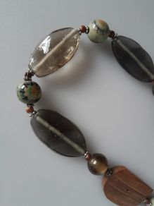 Necklace - Glass - Wood - Green - Brown