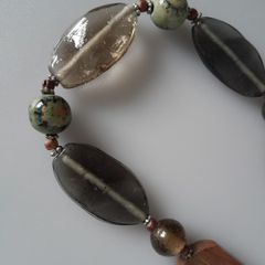Necklace - Glass - Wood - Green - Brown