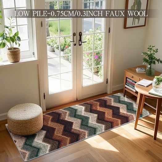 Boho Runner Rugs for Hallway Non Slip 60x180cm, Geometric Washable Kitchen Carpet Runner, Bohemian Long Hall Rug for Entryway Bedroom Laundry Living Room, Low Pile Non Shedding, Brown Green