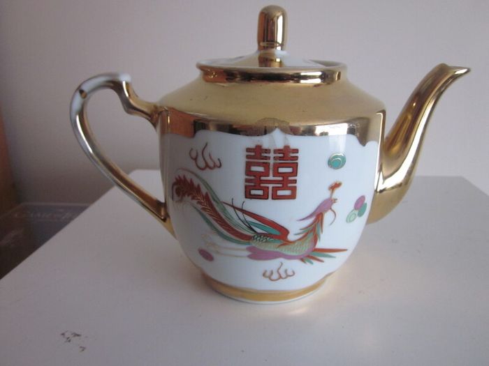 Chinese Phoenix and Dragon Gold Trim Porcelain Teapot 1970s