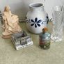 5 Different itmes -GPO Building 3D . 24. 00 euro,  Beautiful sand bottle 14.00 euro. Vintage French Lead Crystal Vase, Cristal d'Arques Small Flower Vase 25.00 euro. Small glazed pottery flower vase 18.00 euro.Vintage Pieta Virgin Mary Cradling Jesus Stat Image 2
