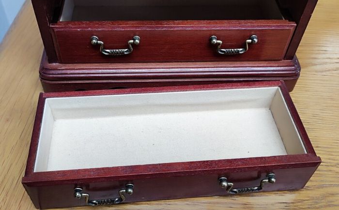 Vintage  Wooden Jewelry Box Floral Door 2 Drawers Necklace Hanger Rings