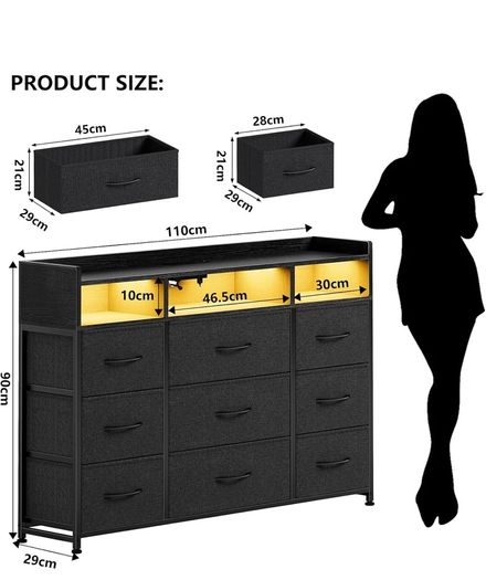 Chest of Drawers for Bedroom with LED and Charging Station, Black