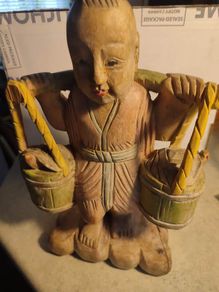 Chinese Polychrome Wood Carving of Boy Carrying Turtles