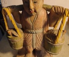 Chinese Polychrome Wood Carving of Boy Carrying Turtles