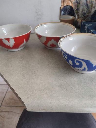 SET OF 3 BOWLES 2   Russian Gardner-style Ikat one red other one blue design Porcelain Tea Bowl AND ONE Vintage Uzbekistan red ikat soup bowl