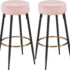 Set of 2 Bar Stools round Fabric Velvet Barstool Metal Legs Thick Upholstery Seat height 80 cm Colour Selection 5168A, colour:pink, material:Velvet