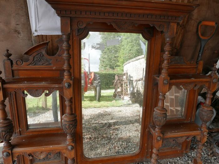 Antique Victorian style overmantel mirror with shelves
