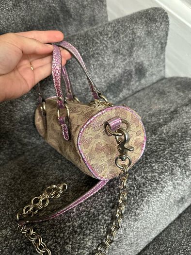 vintage Guess Y2K small monogram bag in a brown and pink glitter colorway.