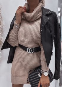A striped sweater dress with a turtleneck