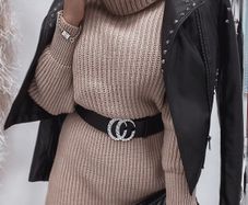 A striped sweater dress with a turtleneck
