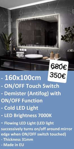 LED Bathroom Mirrors Speakers Demister Antifog Weather Station Clock Dual LED Sensor Touch