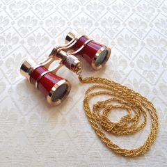 Vintage style opera glasses, small binoculars, red and gold with chain