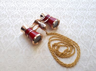 Vintage style opera glasses, small binoculars, red and gold with chain