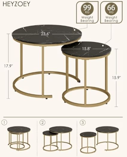 Set of 2 End Table, Nesting Tables with Gold Metal Frame Legs and Marble Black Top for Living Room, Bedroom, Office, Balcony, Apartment Black and Gold