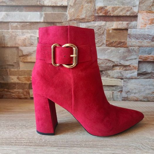 Wine Suede Ankle boots with gold buckle, size 6
