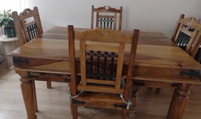 Solid oak and pine and wrought iron kitchen table and chairs over 25 years old advertised for mother in law so can be only viewed in Ballybrack south Co. Dublin