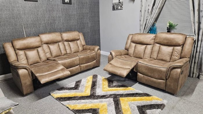 Luxury Tan & Grey Suede Recliner Sofa Set